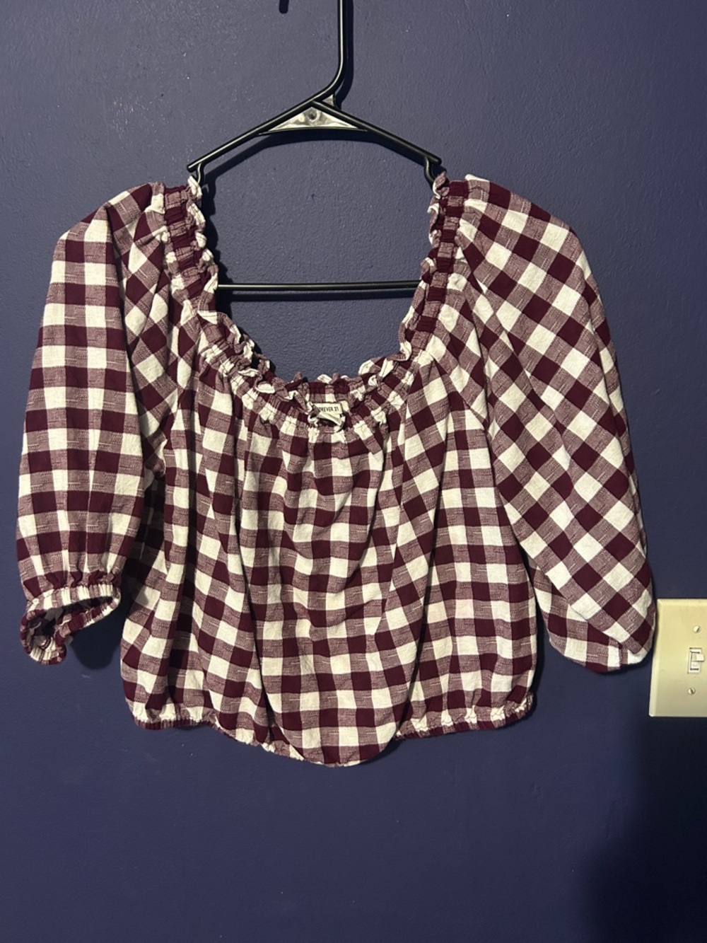 Off the Shoulder Maroon Gingham Cropped Top